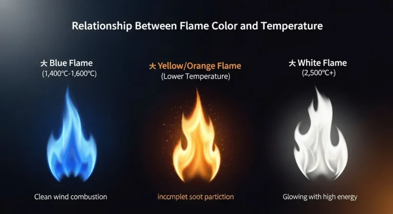 An informational graphic titled 'Relationship Between Flame Color and Temperature.' It displays three flames demonstrating that color indicates heat: 1. Blue Flame: (1,400°C–1,600°C), labeled as 'Clean wind combustion.' 2. Yellow/Orange Flame: (Lower Temperature), labeled with the misspelled phrase 'inccmplet soot particition' (intended to mean incomplete soot particle emission/incomplete combustion). 3. White Flame: (2,500°C+), labeled as 'Glowing with high energy.'