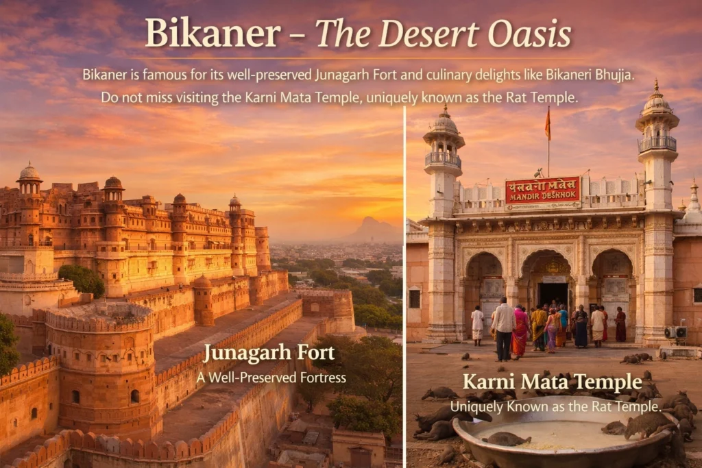 7. Bikaner – The Desert Oasis
Bikaner is famous for its well-preserved Junagarh Fort and culinary delights like Bikaneri Bhujia. Do not miss visiting the Karni Mata Temple, uniquely known as the Rat Temple.