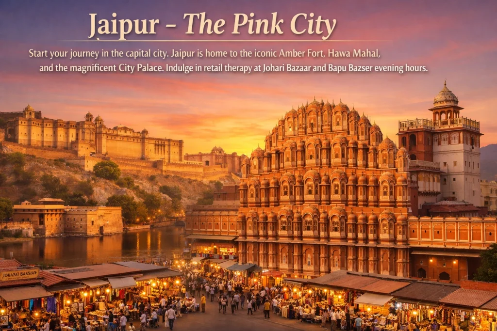 Jaipur – The Pink City
Start your journey in the capital city. Jaipur is home to the iconic Amber Fort, Hawa Mahal, and the magnificent City Palace. Indulge in retail therapy at Johari Bazaar and Bapu Bazaar during the cooler evening hours.