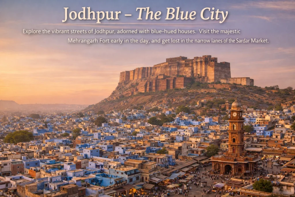 Explore the vibrant streets of Jodhpur, adorned with blue-hued houses. Visit the majestic Mehrangarh Fort early in the day, and get lost in the narrow lanes of the bustling Sardar Market.