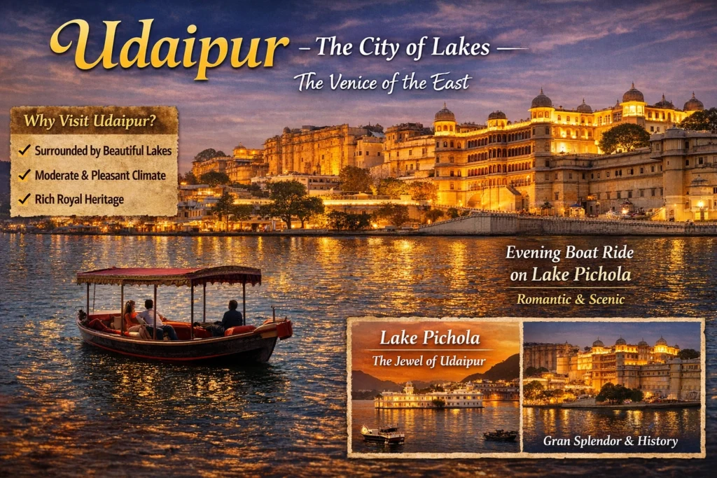 Often referred to as the Venice of the East, Udaipur is a picturesque city surrounded by water bodies that keep the climate relatively moderate. Enjoy an evening boat ride on Lake Pichola and witness the grandeur of the City Palace.